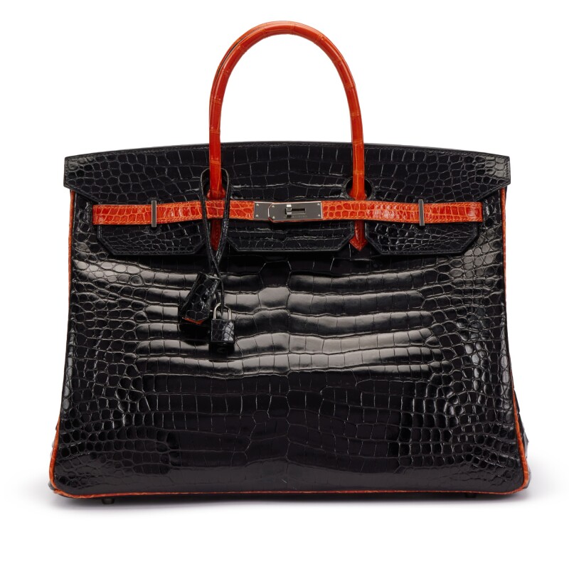 Shiny Black and Orange H Porosus Crocodile Birkin 40 Ruthenium Hardware 1 Shiny Black and Orange H Porosus Crocodile Birkin 40 Ruthenium Hardware
