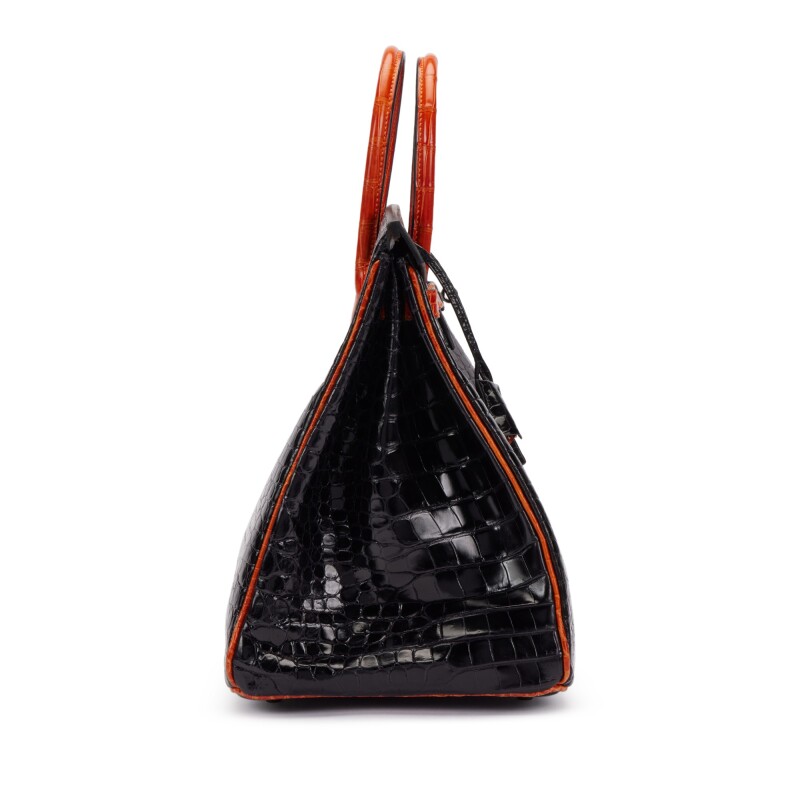 Shiny Black and Orange H Porosus Crocodile Birkin 40 Ruthenium Hardware 2 Shiny Black and Orange H Porosus Crocodile Birkin 40 Ruthenium Hardware - Image 2