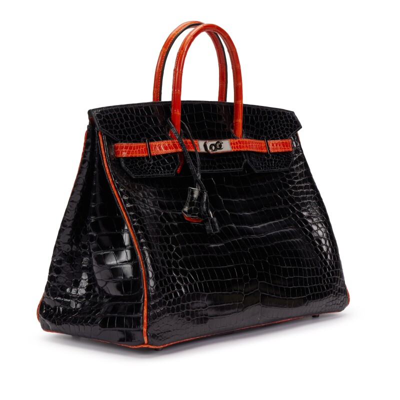 Shiny Black and Orange H Porosus Crocodile Birkin 40 Ruthenium Hardware 3 Shiny Black and Orange H Porosus Crocodile Birkin 40 Ruthenium Hardware - Image 3