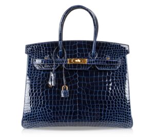 Limited Edition Shiny Indigo & Rouge H Porosus Crocodile Contour Birkin 35 with Gold Hardware